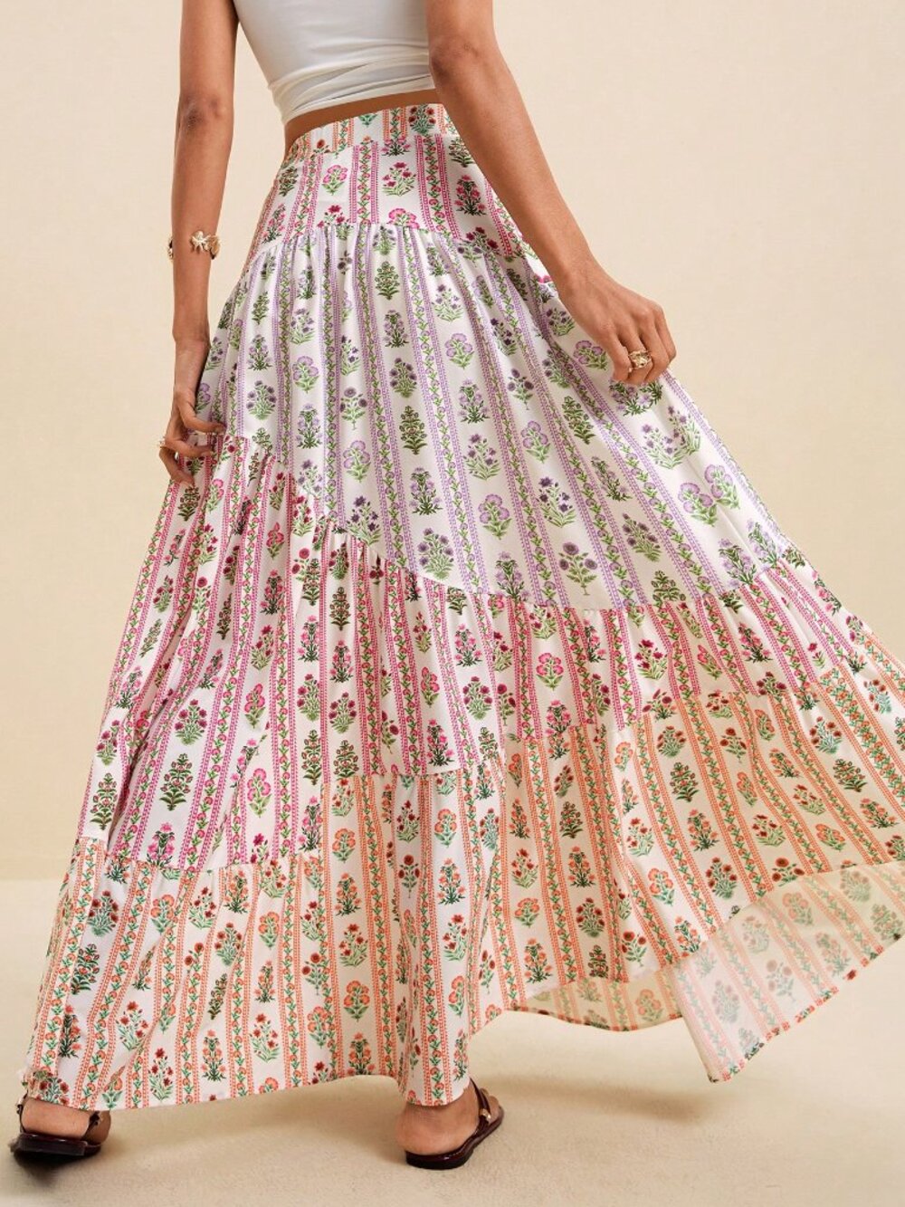 Multicolor Boho Women's Pleated High Waisted A Line Slit Maxi Skirt - Picture 2 of 9